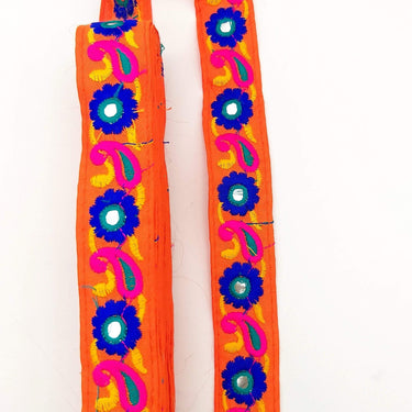 Orange Floral Mirrored Trim With Royal Blue Flowers And Fuchsia Pink Paisley Embroidery, Decorative Trimming, Trim By 3 Yards